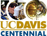Centennial logo graphic with band member playing trumpet
