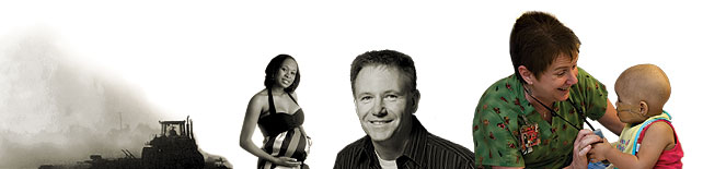 Photo illustration of a tractor, pregnant woman, Chuck Gardner and a nurse with a child.
