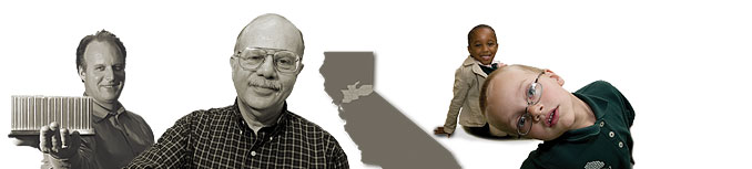 Photo illustration of entreprenuer, law professor Edward Imwinkelried, map of California and children from Triumph preschool
